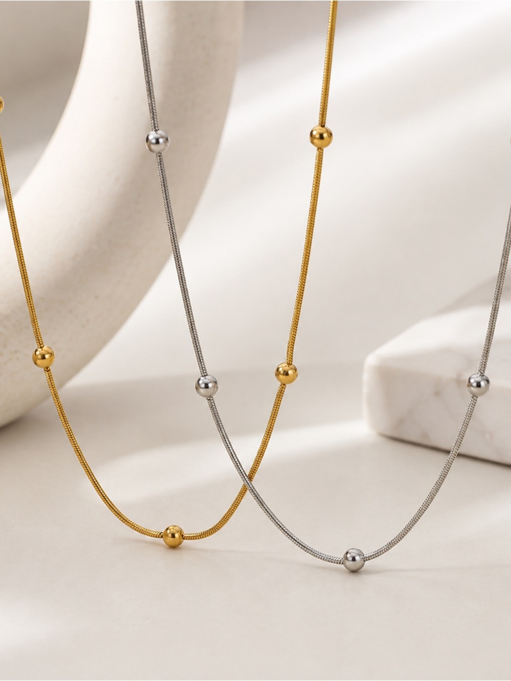 Gold or Silver Beaded Snake Chain Necklace | Stainless Steel